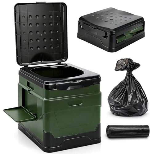 ZENFUN Portable Camping Toilet, Foldable Toilet for Adults, Porta Potty with Thick Green Garbage Bag for Outdoor Emergency, Waterproof Luggable Loo, Hiking, Car, Travel (Black and Green)