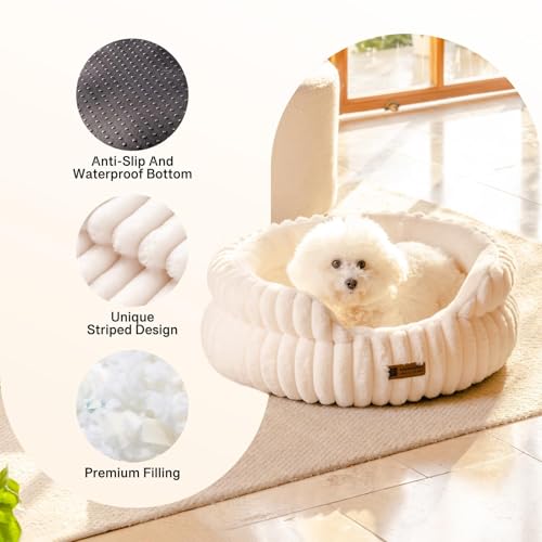 MEWOOFUN Stilvolle Katzenbetten für Katzen, weiches rundes Hundebett für kleine und mittelgroße Hunde, waschbares, beruhigendes Haustierbett (Beige, S)