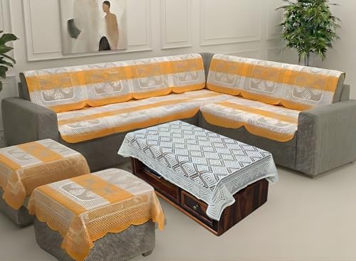 Image of Fab Nation Sofa Cover L Shape 6 Seater with Corner L Type Fully Covered Sofa Set for Living Room | Cotton Sofa Slipcovers for 3 + 3 Seaters Cover + 2 Setty Covers + 1 Table Cover Set | Yellow