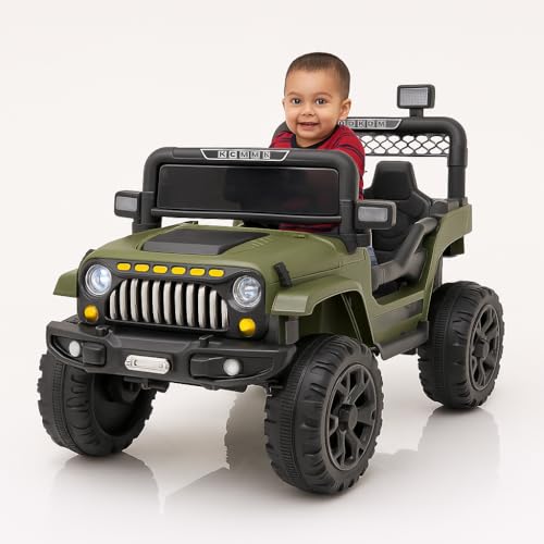 Image of Wishmaster Ride-On Jeep Electric Car for Kids - 12V Battery SUV with Remote Control, Headlights & Music (Military Green, 2-6 Years) | Birthday Gift for Boys & Girls