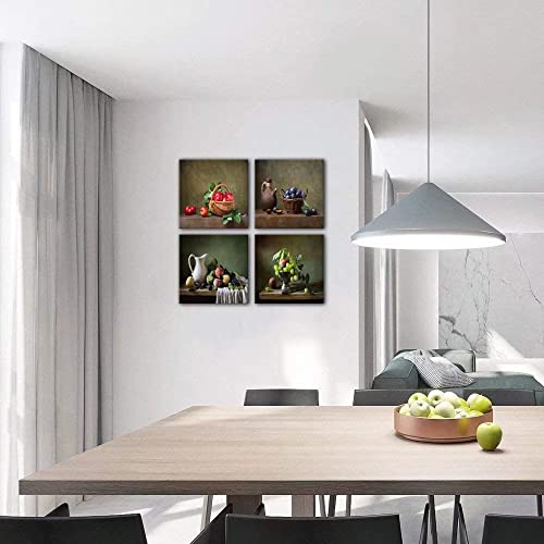 Heatsprits Retro Fruit Wall Art Still Life Oil Paintings Apple Grapes Canvas Wall Decor Vintage Farmhouse Rustic Pictures For Kitchen Dinning Room Framed Prints Ready To Hang(12''W X 12''H X 4) #TOP1