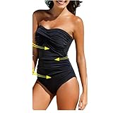 WOZOW Damen Badeanzug One Piece Trägerlos Solid Bandeau Gepolstert Halter Push Up Pleated Schlank Neckholder Bauchweg Bademode (3XL,Schwarz)