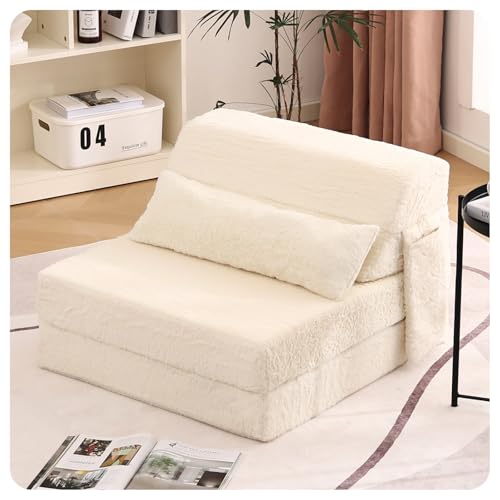 Image of Tiita Convertible Folding Sofa Bed Single Size for Adults with Pillow, Plush Fabric Floor Mattress Couch Bed, Washable Cover & Side Pocket, Guest Room, Dorm, Apartment, Living Room, Beige