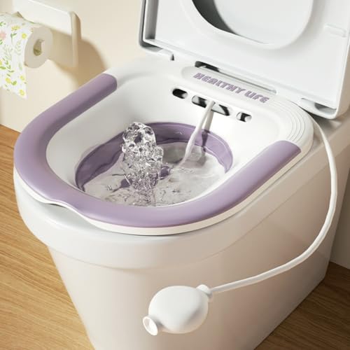SKY-TOUCH Foldable Sitz Bath For Toilet Seat Sitz Bath for Hemorrhoids Postpartum Care Sits Bath Kit for Women Portable Steam Seat Bidet with Flusher Hose Drain Holes Wider Seating Area