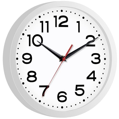 Image of Roymnie 8 Inch Small Wall Clock, Battery Operated Silent Non Ticking White | analog wall clock; bold numerals for easy reading; silent non-ticking; 1 AA battery (not included); for classroom