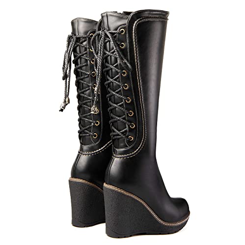 ANN CREEK 'Camux' Stitches Back Lace Mid-Calf Wedge Boots Black4