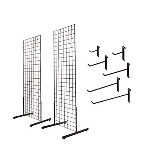 Only Hangers 2' x 6' Gridwall Panel Tower with T-Base Floorstanding Display Kit 2-Pack Black or White (BLACK KIT with HOOKS)