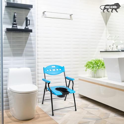 Image of Folding Elderly Disabled Man And Pregnant Woman Stainless Steel Shower And Bathing Room Mobile Commode Chair With Toilet Seat Comfortable Safe Toliet Stool Anti-Skid (Blue)