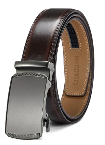 Image of Chaoren Leather Ratchet Belt 2 Pack Dress with Click Sliding Buckle 1 3 /8 inch in Gift Set Box - Adjustable Trim to Fit