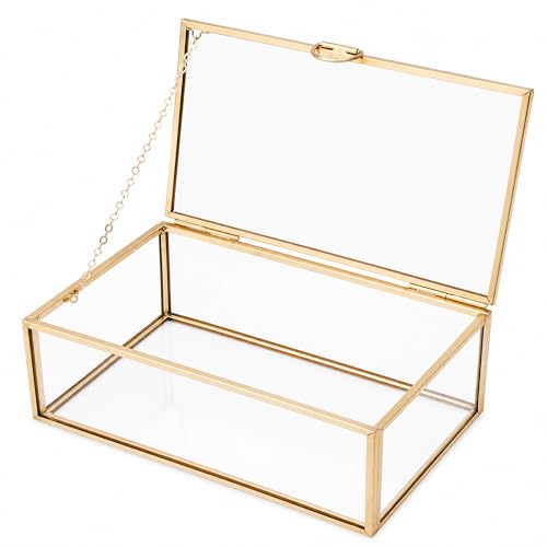 WHYTOOPY Glass Jewelry Box with Lid Gold Metal Frame Trinket Box Clear Display Case for Rings Earrings Necklace Bracelet Small Jewelry Organizer for Vanity Bathroom Dresser Countertop Storage Box