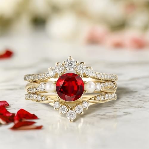 10K 14K 18K Solid Gold Round Shape Gemstone Engagement Ring Set for Women 1 Carat Gemstone Ring with Pearl Vintage Bridal Wedding Rings Set Anniversary Christmas Gift2