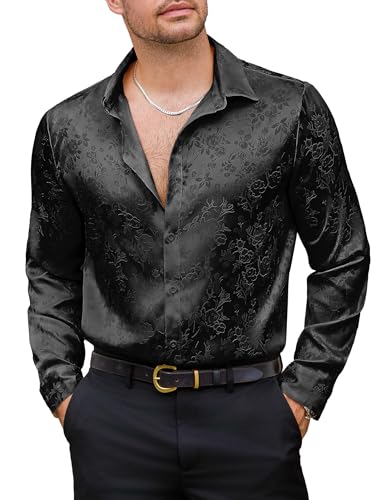 Vssjavun Mens Satin Silk Shirts Business Formal Dress Shirt 70s Disco Outfits Clothing Black M