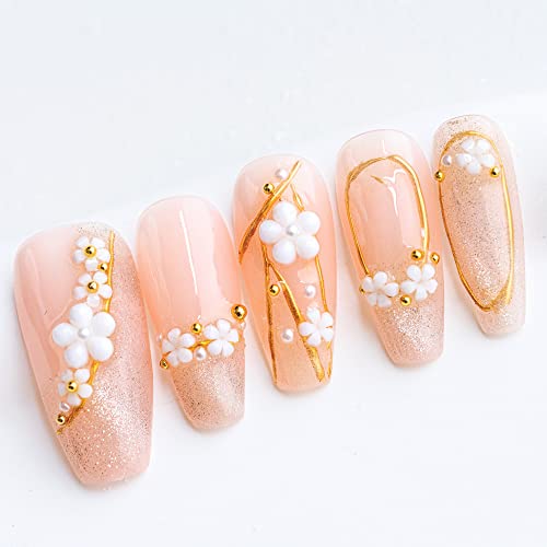 Sun&Beam Nails Handmade Press On Nails Medium Almond Light Pink Pearl Shell Glossy 10 Pieces Reusable for Everyday Wear and Special Occasions (#010 S)