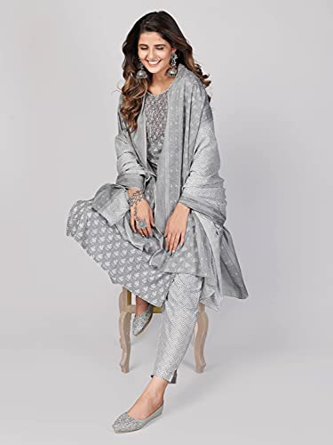 Image of Vbuyz Women's Printed & Embroidered Straight Cotton Stitched Kurta Pant with Dupatta
