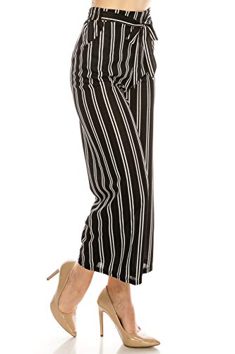 LA12ST Women High Waist Casual Self Tie Stripe Wide Leg Palazzo Pants Trousers3