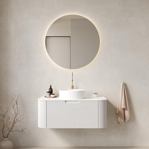 Image of KEIKI 36 inch Wall-Mounted Floating Bathroom Vanity with Sink, Modern 3D Striped Cabinet, Soft-Close Drawer, Space-Saving Minimalist Design, Pre-Assembled, White