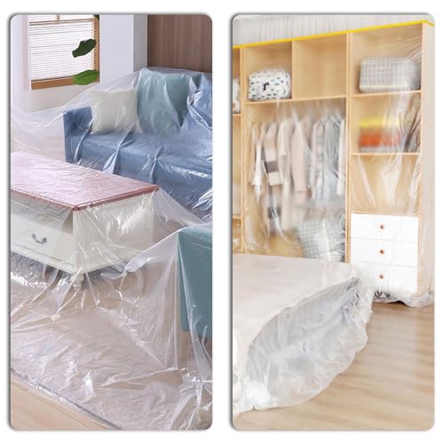 Image of 4 Rolls 8.8 x 65 Feet Painters Plastic Sheeting, Pre-Taped Masking Film, Clear Drop Cloth for Painting, Automotive Covering and Appliance Protection (Pack of 3)