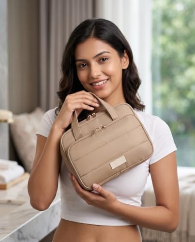 Image of WEMOL Large Opening Cosmetic Travel Bag for Women, Mocha Brown Big | Super Soft, For Brushes, Toiletries, Cosmetics