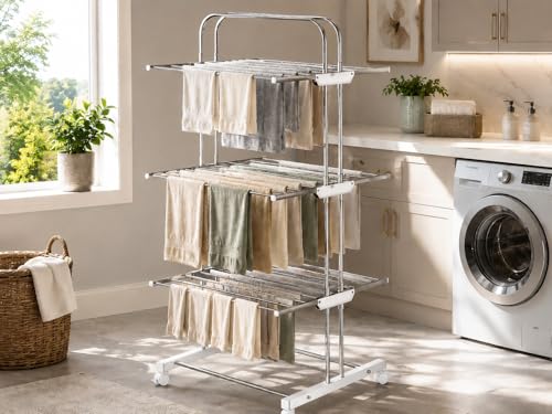 Image of KITCHIVO 3 Tier Rolling Clothes Drying Rack with Wheels, Stainless Steel Laundry Organizer and Garment Dryer Stand for Home, Balcony and Utility Room (3-Tier S.S)