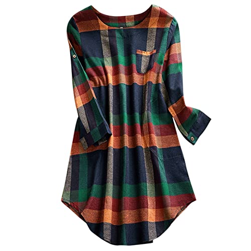 Generisch Musselin Kleid Damen Lässiges, langärmliges, lockeres, Kariertes Midikleid für Damen Enges Minikleid Damen Glitzer (Coffee, L)