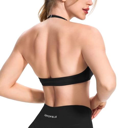JOYSPELS Halter Sports Bras for Women Open Back Workout Bras Padded Yoga Bra Gym Tops Black