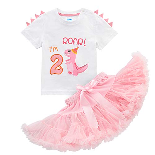 AMZTM Baby Mädchen Dinosaurier 2. Geburtstag Outfits Umfassen Kurzarm + Tutu Kleid Geschenkset von 2 Stück(Rosa, 2 Jahr - 90)