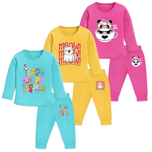 Image of TS LAVI TAVI Cotton Clothing Set for Girls Dress Full Sleeve T-shirt Top and Pyjama (Pack of 3)
