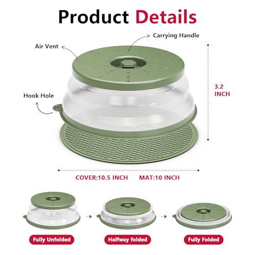 Image of WVM-ML-16-1 Microwave Splatter Cover & Mat, Vented Collapsible Splatter Guard dish Plate lid & Silicone Round Kitchen Mat for Food, Meal Prep