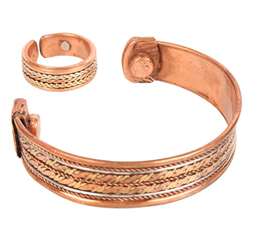 Touchstone Handcrafted Copper Magnetic Hand Forged with Solid and High Gauge Tibetan Style Minimalistic Elegance Copper Bracelet and Matching Ring.