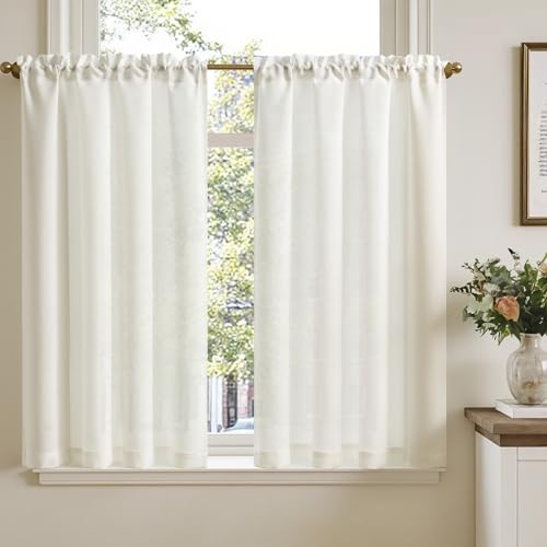 TOPICK Scheibengardine Bistrogardine 2er Set 115Hx90B cm Weiß Leinenoptik Fenstervorhang Gardine modern Gaze Schals Scheibengardinen Fensterschal Küche Wohnzimmer Landhausstil Lichtdurchlässig
