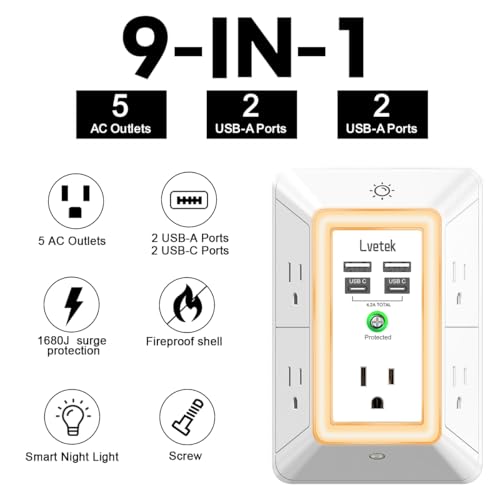 Multi Plug Outlet Surge Protector - Lvetek 3-Sided Power Strip with 5 Outlet Extender and 4 USB Ports(2 USB-C) and Night Light, USB Wall Charger for Home, Office, Travel, ETL Listed, White