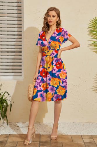 Image of WEACZZY Women's Summer Short Sleeve Casual Dresses V-Neck Floral Party Dress with Pockets