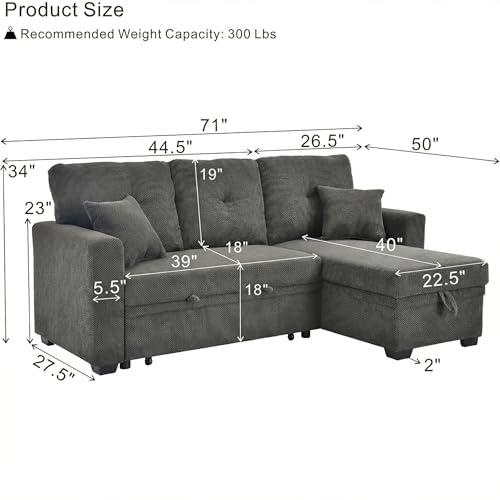 Image of KEIKI 71 inch Sectional Sleeper L Shaped Sofa with Pull Out Bed, 3 Seater Sleeper Sofa with Reversible Chaise, Modular Sectional Sofa with Storage for Living Room, Dark Gray