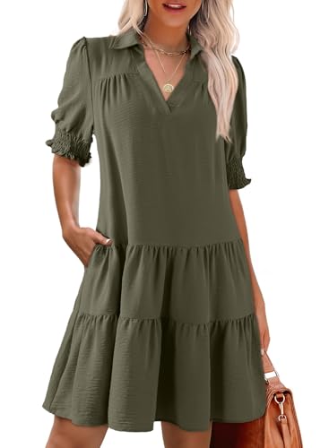 Image of Dokotoo Casual Dresses for Women Lapel Collared V Neck Mid Sleeved Pleated Summer Dresses for Women 2026 Midi Dresses
