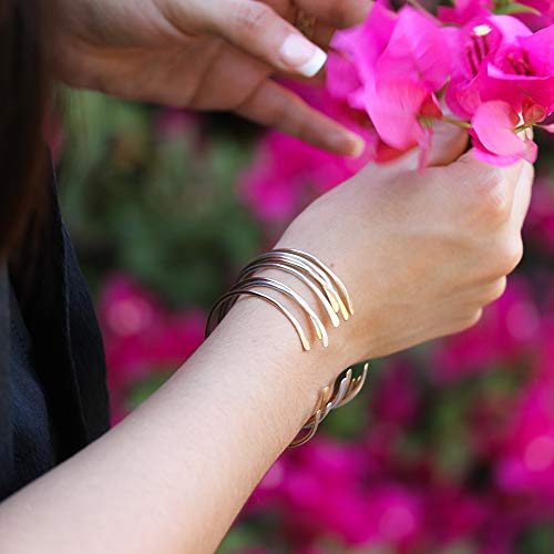 LOTUS STONE JEWELRY Smooth 14K Gold Fill Cuff Bracelet with Hammered Ends, Skinny Gold Bangle with Hammered Ends (Large, Gold)3