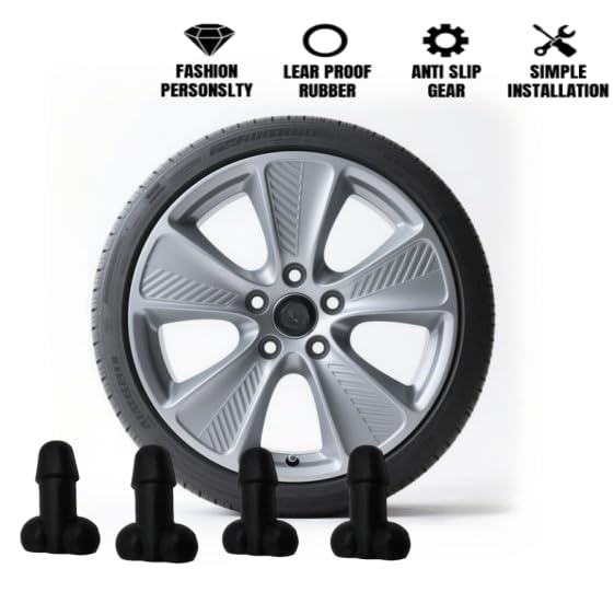 Glow-in-The-Dark Valve Stem Caps – 4-Pack Funny Wheel Accessories, Airtight, Rustproof, Dustproof & Waterproof Caps for Cars, Bikes, Trucks, Motorcycles – Universal Fit（Black）