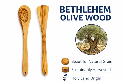 Zuluf Olive Wood Spoon And Spatula Set 10 Inch, Handcrafted Wooden Cooking Utensils From Bethlehem, Natural Smooth Grain Kitchen Tools, Durable Easy Grip Design, 2 Piece Set - Image 3