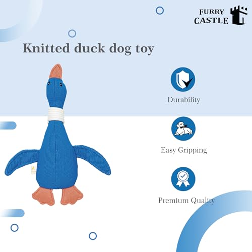 Image of Knitted Duck Dog Toy 100% Polyester with Crinkle and Squeakers- Blue