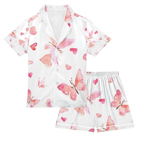 senya Pink Butterflies with Hearts Satin Summer Pajama Sets Silk Short Sleeve Button Down Sleepwear