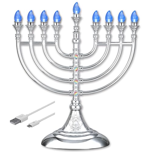 Aviv Judaica Traditional LED Menorah 13" Metallic Silver Battery or USB Powered Menorah Chanukiah with 4' USB Cable Electronic Chanukah Minorah Flameless Hanukkah Candles Bulbs Lighted Hanukah Decor