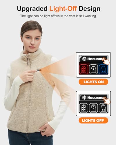 Hecusma Khaki Flauschige Heizweste Damen mit 16000mAh 7.4V Powerbank inklusive, Sherpa Beheizte Weste Damen, Elektrische Fleece Wärmeweste für Outdoor-Ski-M