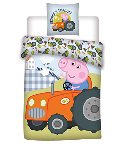 AYMAX S.P.R.L. Parure de lit Peppa Pig - Housse de Couette George 140x200 cm + Taie d'oreiller 63x63 cm 100% Coton