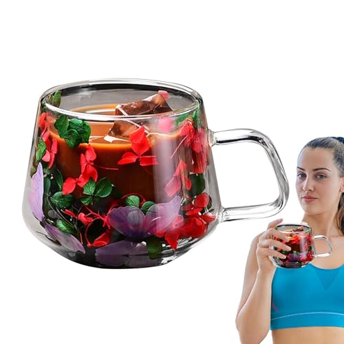 Rrlihjgu Taza de café de doble pared,Taza de café de vidrio con flores secas,200 ml Taza de vidrio de doble pared Vaso de vidrio de fusión floral para capuchino, té, café con leche, caliente