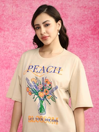 Image of JUNEBERRY 100% Pure Cotton Oversized Loose Fit Half Sleeve Cool Front Chest Graphic Printed Round Neck Drop Shoulder T-Shirt for Women S to 2XL