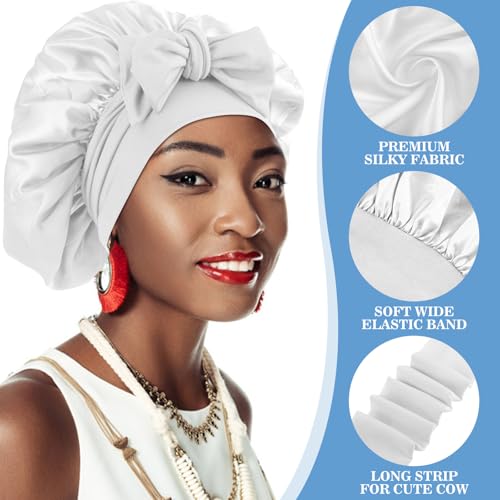 Abeillo Satin Sleep Bonnets for Women 1PC Satin Night Sleeping Cap Soft Silk Bonnets for Sleeping Hair Bonnet with Tie Band for Curly Hair Braid Women (White) - Image 2