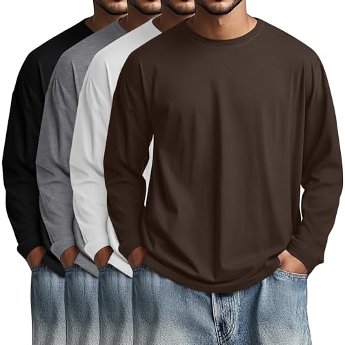 Image of August Alley 4 Pack Men's Big and Tall Cotton Shirts L-7XL, Long Sleeve Oversized Tops Loose Casual Large T-Shirts Basic Tee