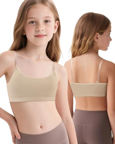 iMuchic Clear Straps Dance Bra for Girls, 8-16 Years Training Ballet Gymnastics Sports Seamless Bralette with Silicone Covers