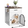Dog Crate Furniture, Wooden Dog House with Charging Station and Storage Drawer, Indoor Pet Crate End Table for Small Breeds, for Living Room, Bedroom, White and Walnut MGW01UWL