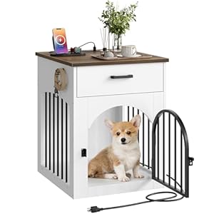 Dog Crate Furniture, Wooden Dog House with Charging Station and Storage Drawer, Indoor Pet Crate End Table for Small Breeds, for Living Room, Bedroom, White and Walnut MGW01UWL