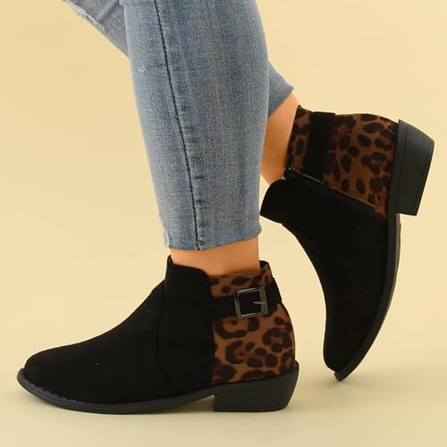 Women's Ankle Boots Low Stacked Chunky Heels Zipper Round Toe Slip on Chelsea Booties Winter Leopard Fashion Boots3
